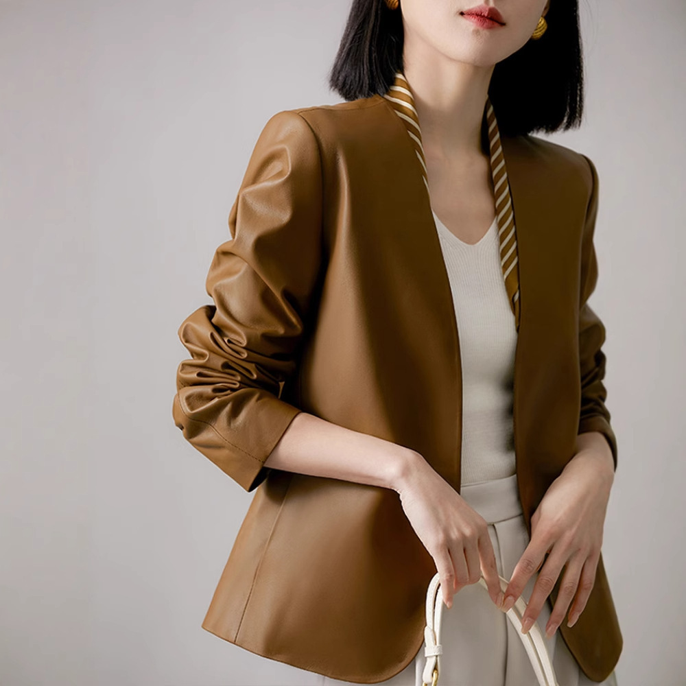 Lan Yingying's Versatile Long-Sleeved Genuine Leather Jacket for Women, New Style, Elegant Casual Sheepskin Coat | Direct from the Source Factory