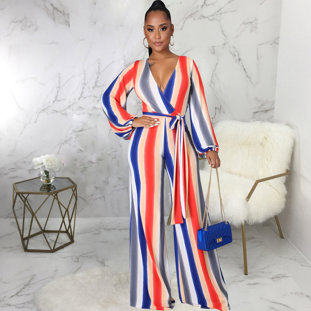 Stripe Print V-Neck Long Sleeved Jumpsuit NSMRF116557