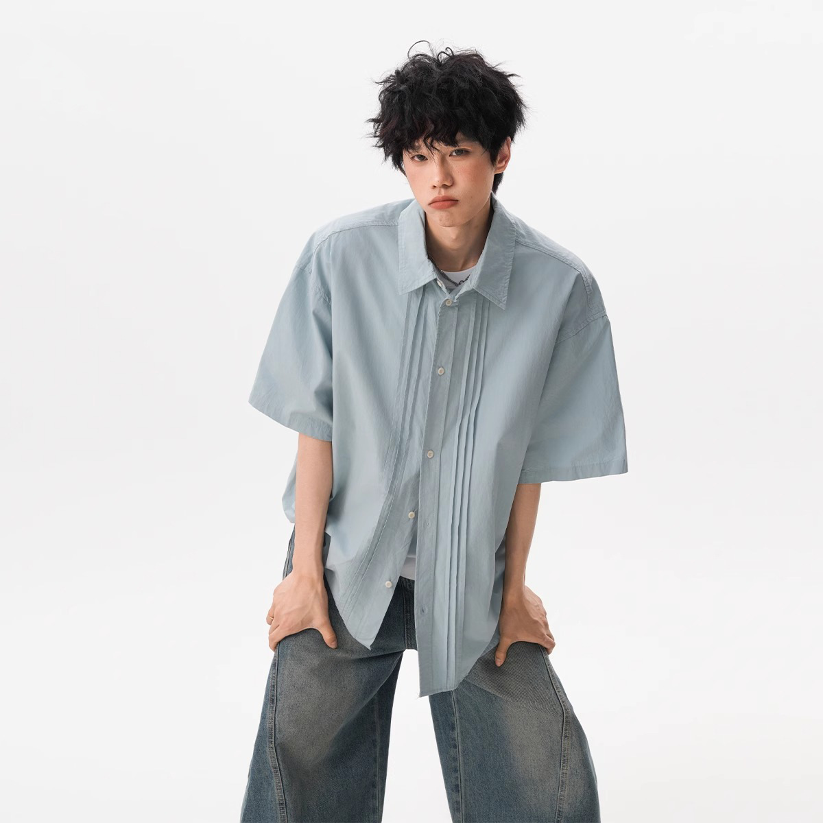 High-End Accordion Pleated Shirt Short-Sleeved Men's Summer New Japanese Retro Handsome Shirt Casual Jacket