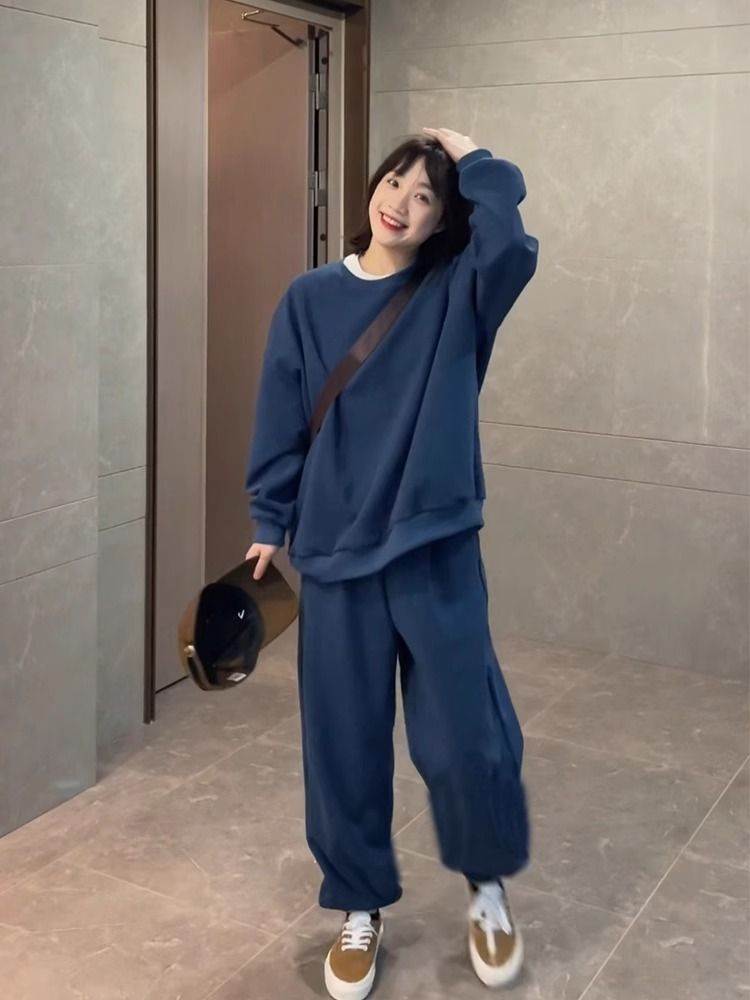 Girls Casual Sportswear Suit Petite Autumn and Winter Sweatshirt Fleece-Lined Hong Kong Style Student Loose Round Neck Two-Piece Set for Women