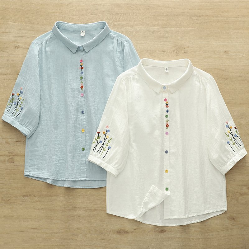 Japanese-Style Mori Girl Embroidered Floral Sleeves, Colorful Button Front, Loose Women's Cardigan Short-Sleeve Shirt Wholesale