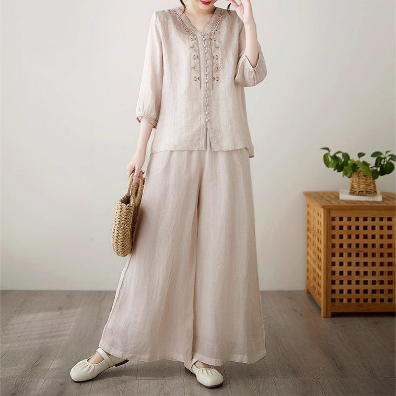 Literary Retro Fashion Casual Suit Women's Summer New Mother's Suit Summer Suit Cotton and Linen Wide-Leg Pants Two-Piece Set Literary Retro Fashion Casual Suit Women's Summer New Mother's Suit Summer Suit Cotton and Linen Wide-Leg Pants Two-Piece Set