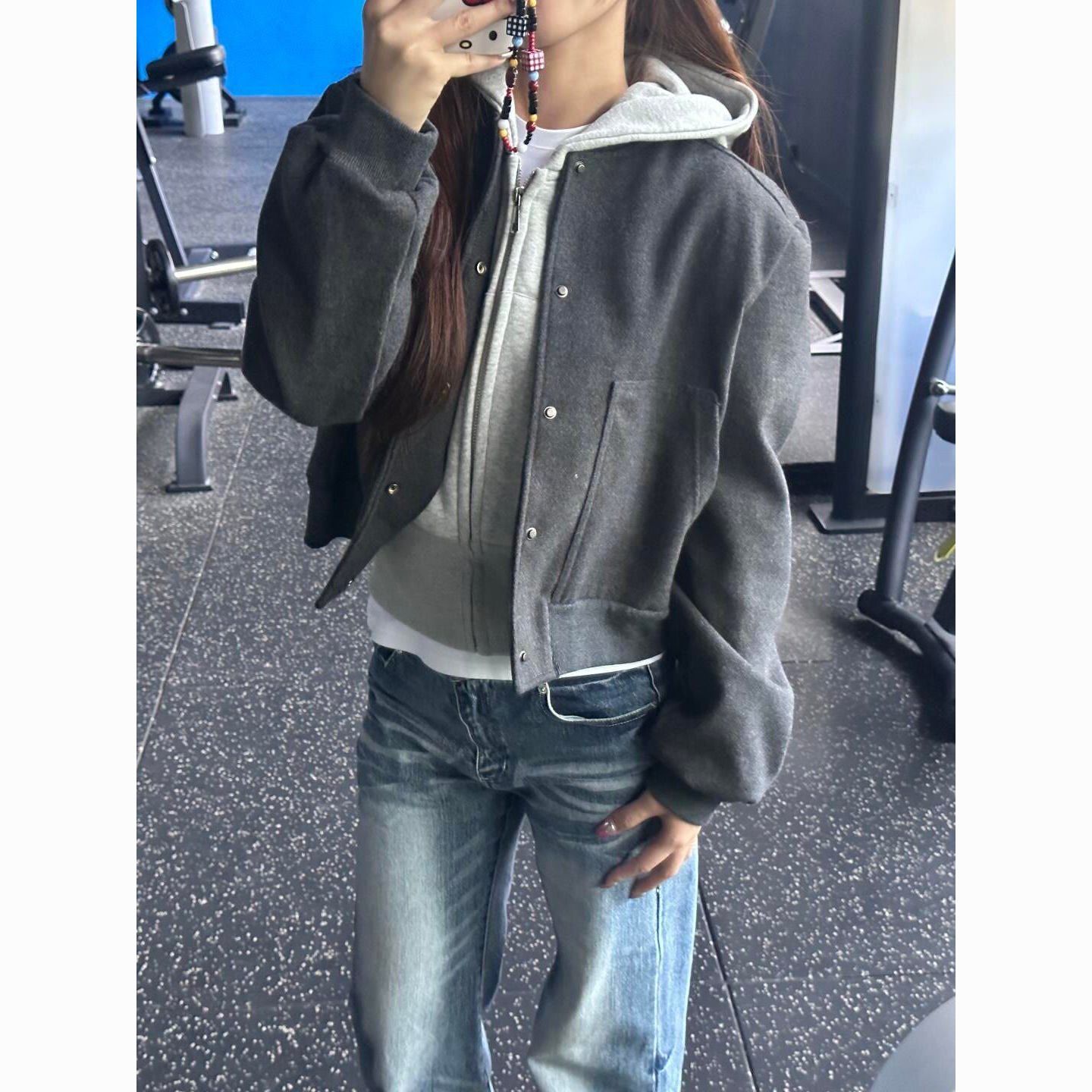 美式小个子感灰色棒球服短外套女新款宽松休闲设计感夹克上衣