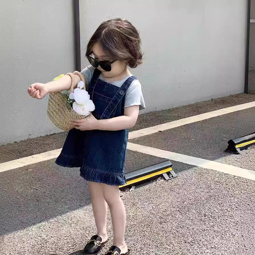 Flathead Brother 22 Girls Summer New Denim Suspender Skirt High Quality Super Soft Denim Skirt Solid Color Western Style Cute Skirt