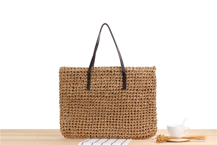 New Large-capacity Solid Color Shoulder Hand-woven Straw Bag 48*36cm display picture 4