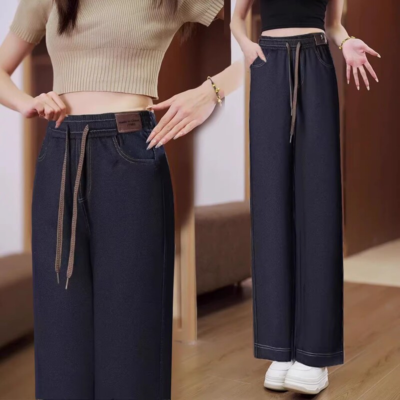 2025 Spring and Autumn New High Waist Straight Imitation Jeans Wide Leg Pants Elastic Loose Western Style Slimming Casual Pants 2025 Spring and Autumn New High Waist Straight Imitation Jeans Wide Leg Pants Elastic Loose Western Style Slimming Casual Pants