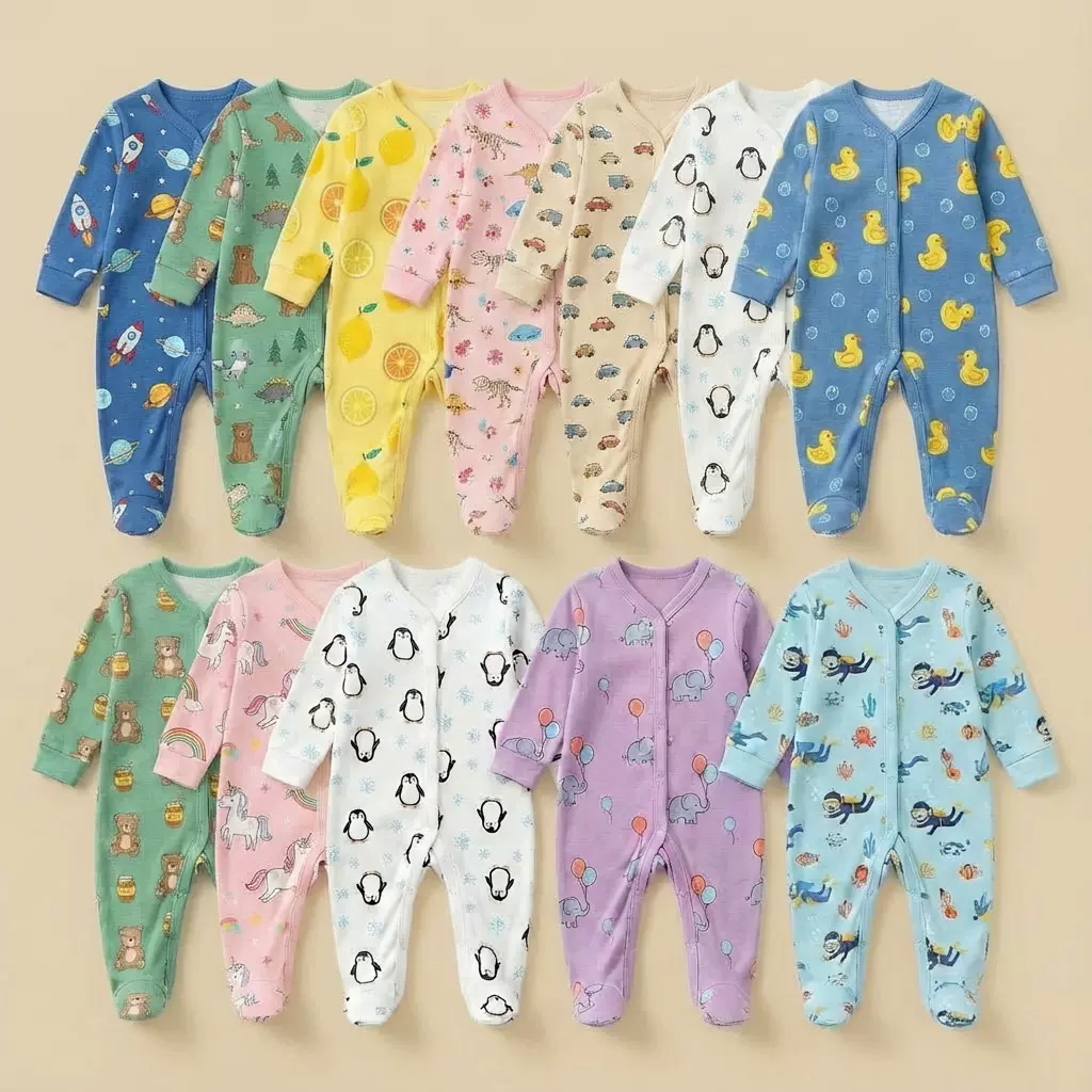 跨境包脚爬衣新生男女宝宝长袖爬衣婴儿连体衣印花棉质爬爬服厂家