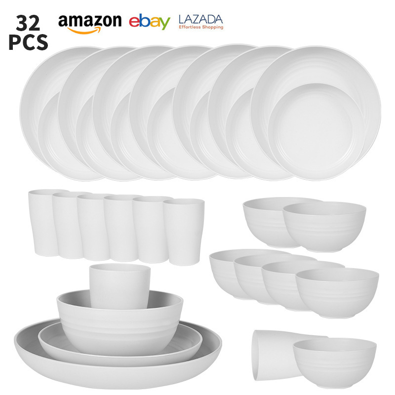 Amazon Milky White wheat straw pp plate Bowl Cup 8-person 32-piece set imitation ceramic white plate Bowl Cup set