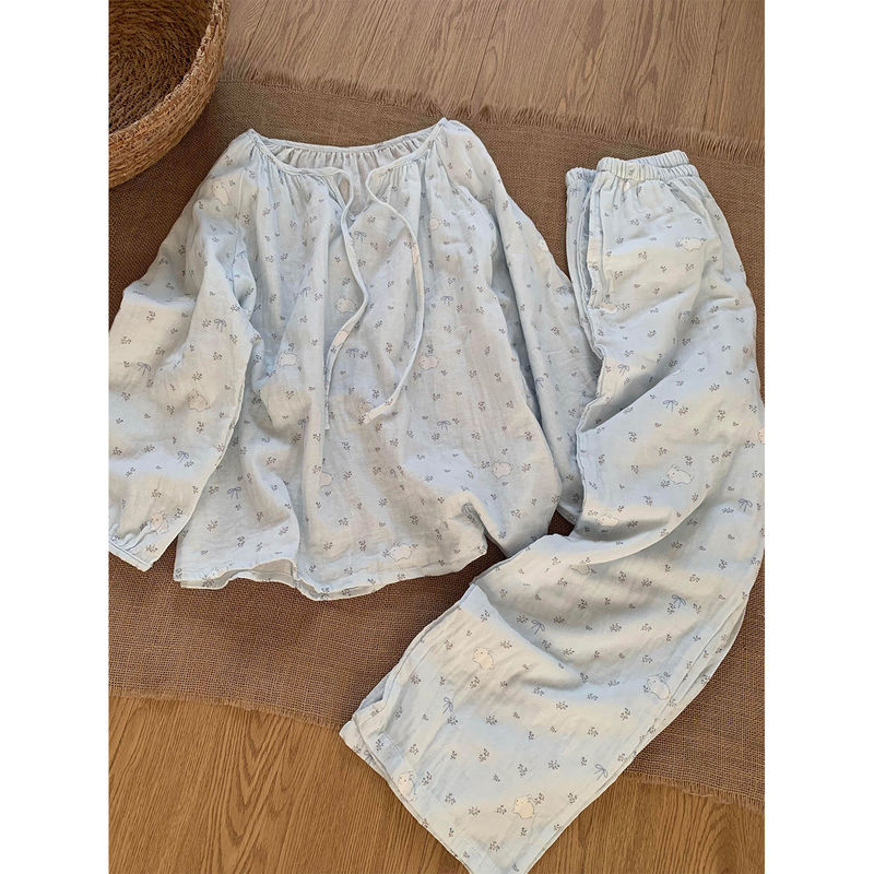 蓝色小清新甜美碎花小兔睡衣女秋季新款亲肤舒适长袖家居服套装|undefined