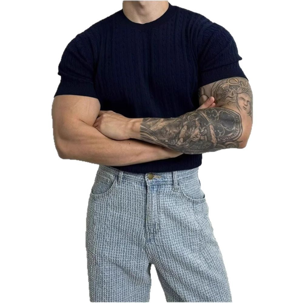 Summer Solid Color Round Neck Short-sleeved Sweater Men's Slim-fit Stretch Trendy All-match Design Sense Vertical Stripe Half-sleeved T-shirt