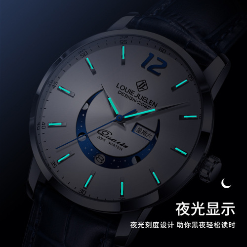  New Master Moon Phase Luminous Waterproof Brand Watch Men's Fashion Genuine Leather Strap Quartz Watch Wholesale