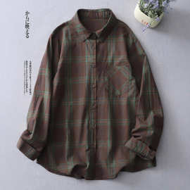 专柜店捡漏复古格子百搭全棉翻领衬衫女春季休闲宽松大码长袖衬衣