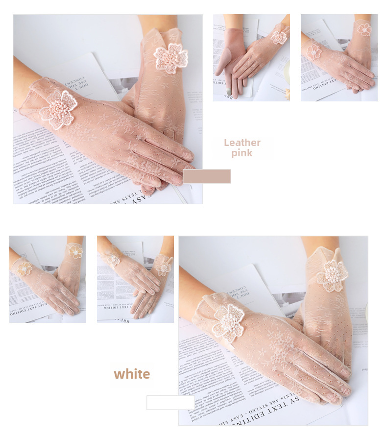 Summer thin ice silk gloves women's short thin outdoor cycling driving lace breathable touch screen sun protection gloves wholesale_voghion.com