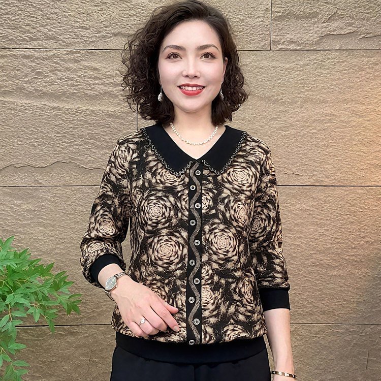 一件代发简约百搭2025秋季新款时尚娃娃领拼色印花长袖打底衫上衣|undefined