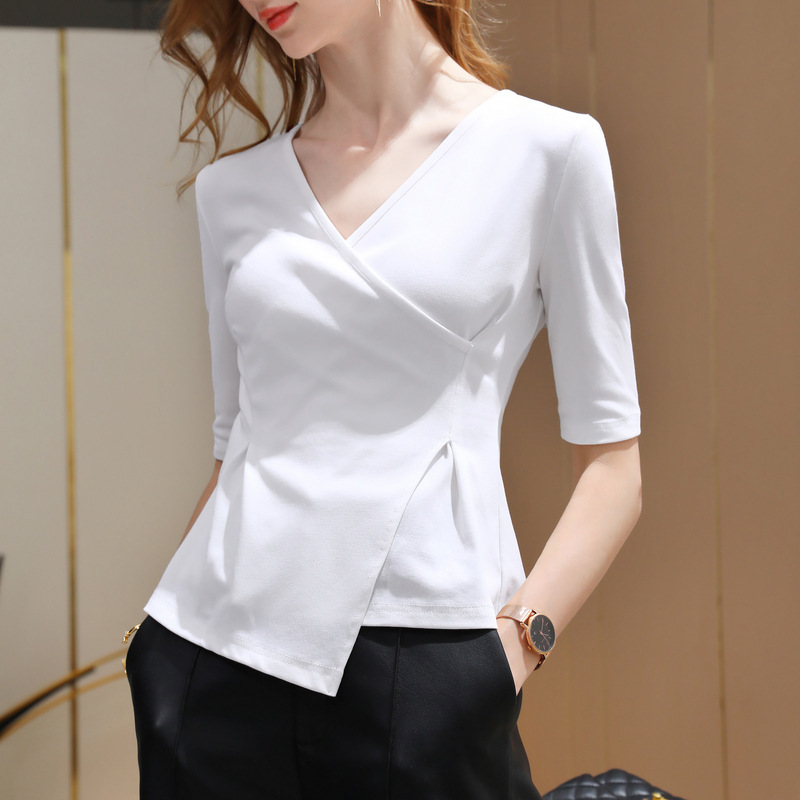 Mid-Sleeve T-Shirt for Women 2025 New Style Women's Clothing Cross V-Neck Half-Sleeve Cotton T-Shirt Asymmetrical Waist-Cinching Unique Top for Commuting