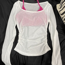 辣妹镂空抽褶长袖针织衫挂脖背心两件套女夏季薄款晒罩衫上衣服