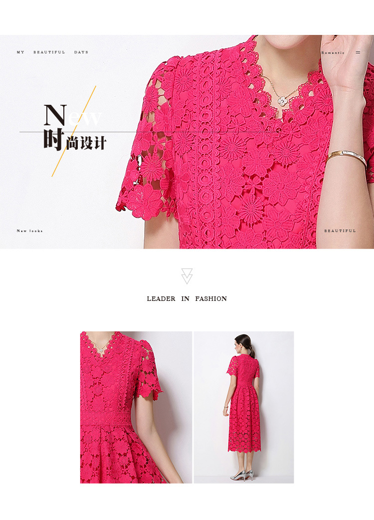 Đầm maxi nữ cổ V ren thắt eo tay ngắn họa tiết rỗng — màu đen, Rượu vang đỏ, màu hồng đậm, màu trắng chi tiết 89