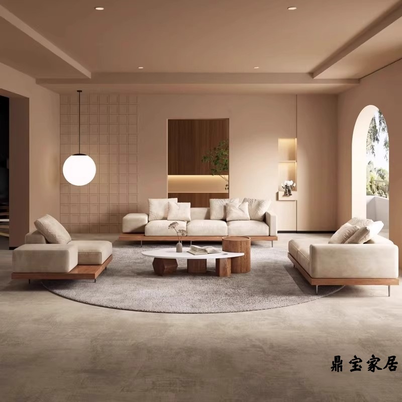 Wabi-Sabi Japanese-Style Solid Wood Sofa Chair with Chaise Longue for Large Villa Flat-Level Straight-Row Living Room Solid Wood Corner Fabric Sofa