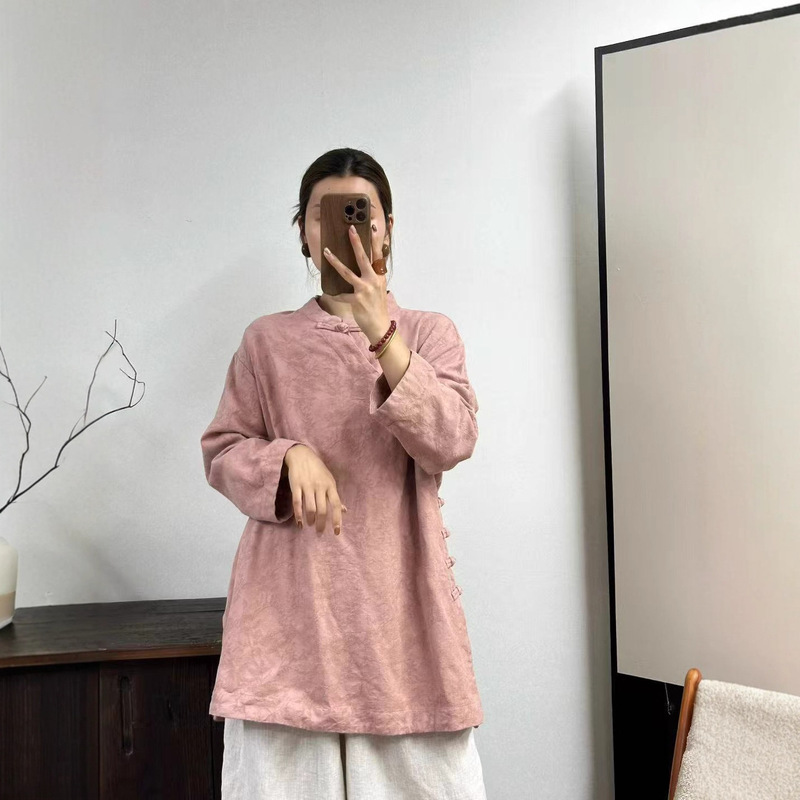 2025秋文艺复古高品质提花亚麻立领斜襟盘扣中长款衬衫百搭上衣女|undefined