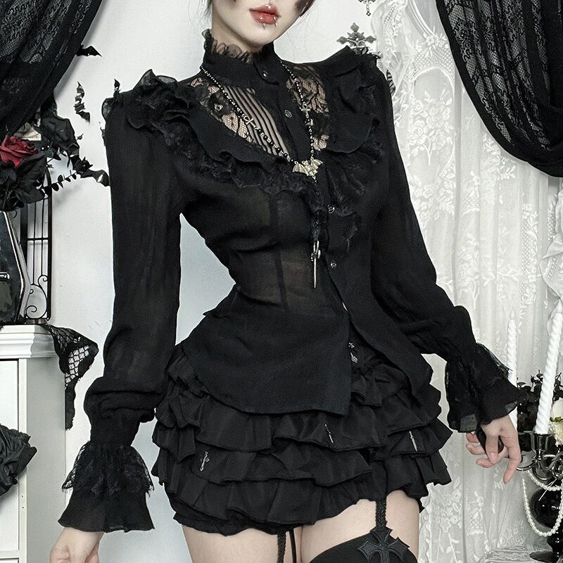 CF25242 Halloween New Lace Hollow Long Sleeve Top Autumn Dark Style Comfortable Casual Shirt
