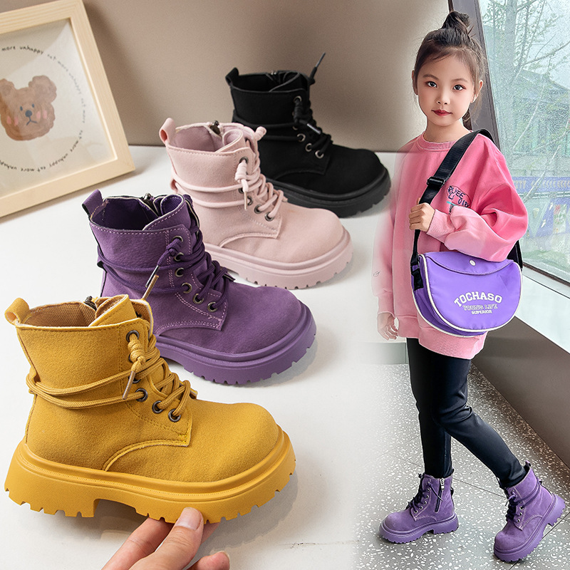 2025 Autumn and Winter European and American Fashion British Style Leather Boots Thick-Soled Pure Color Boots for Girls, Middle and Large Children, Student Short Boots