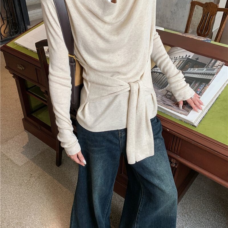 韩系设计感荡领腰带针织衫女早秋新款收腰褶皱内搭长袖绑带上衣潮|undefined