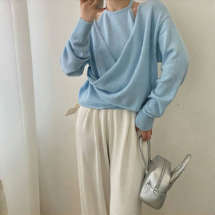 Solid Color Cross Asymmetrical Knitted Sweater Top Early Autumn New Korean Style Loose Halterneck Fake Two-Piece Slimming and Sweet