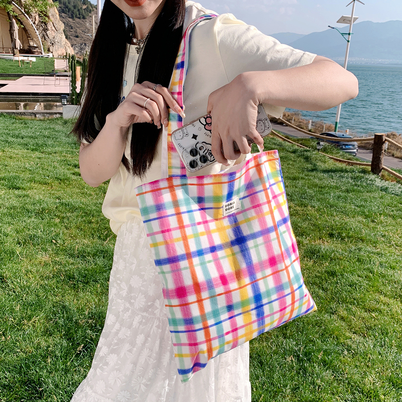 Big Sale Hyuna Style Rainbow Plaid Shoulder Bag Women's Spring and Summer Travel Easiest for Match Handbag Large Capacity Shopping Bag