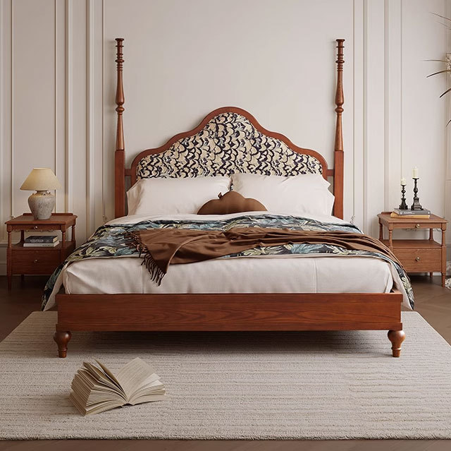 Cama de madera maciza de cera blanca de Danvas, cama de madera maciza de estilo antiguo, cama doble principal, cama de aire retrógrada americana y francesa de alta gama