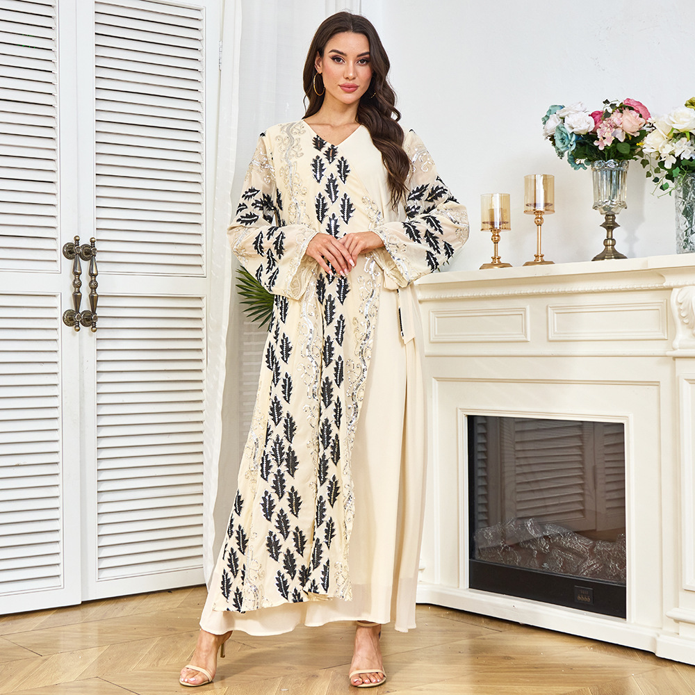 New Cross-border Dubai Abaya Clothing, Abaya, Middle Eastern Dress, Long-sleeved Sequined Arabic Gown_ecoleips.com