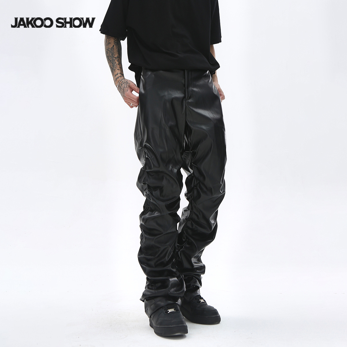 Pantalon en cuir PU d'inspiration punk pour homme - Coupe skinny style moto avec plis subtils, pantalon long slim taille haute (noir, S-XL)_voghion.com