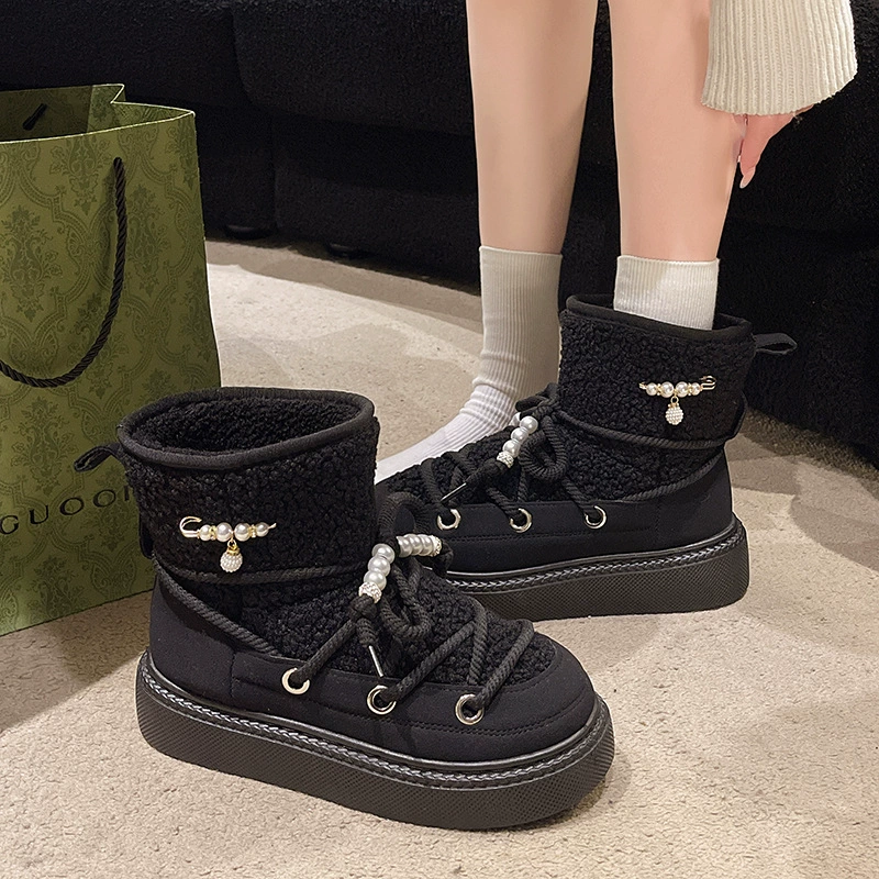 Женские зимние ботинки большого размера на толстой подошве, осень-зима 2024, новый стиль, повседневная теплая хлопковая обувь на высокой подошве на флисовой подкладке