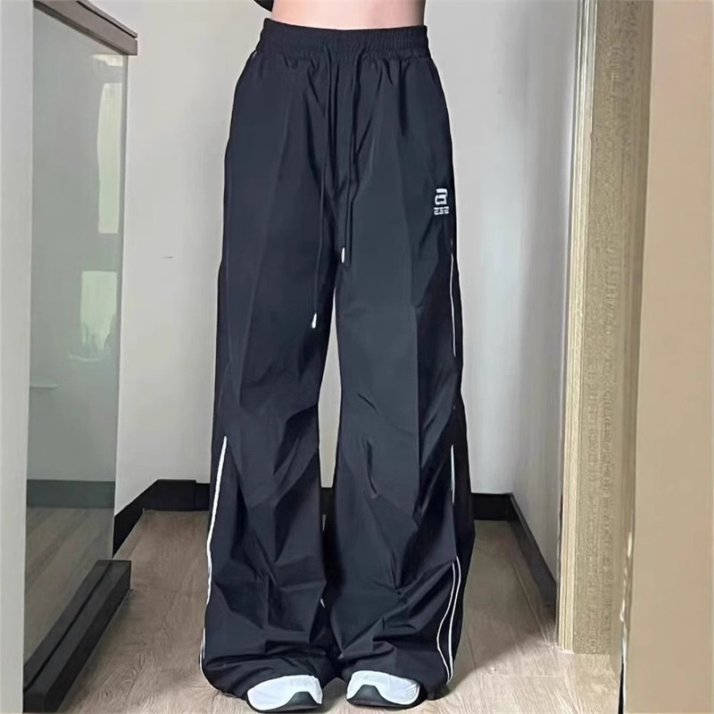 American Retro Wide-Leg Pants with Striped Patchwork, Floor-Length Drawstring Jogger Pants, Loose Harajuku Street Casual Pants for Women