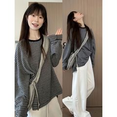 黑色条纹圆领长袖T恤宽松防晒罩衫早秋韩里韩气穿搭上衣女