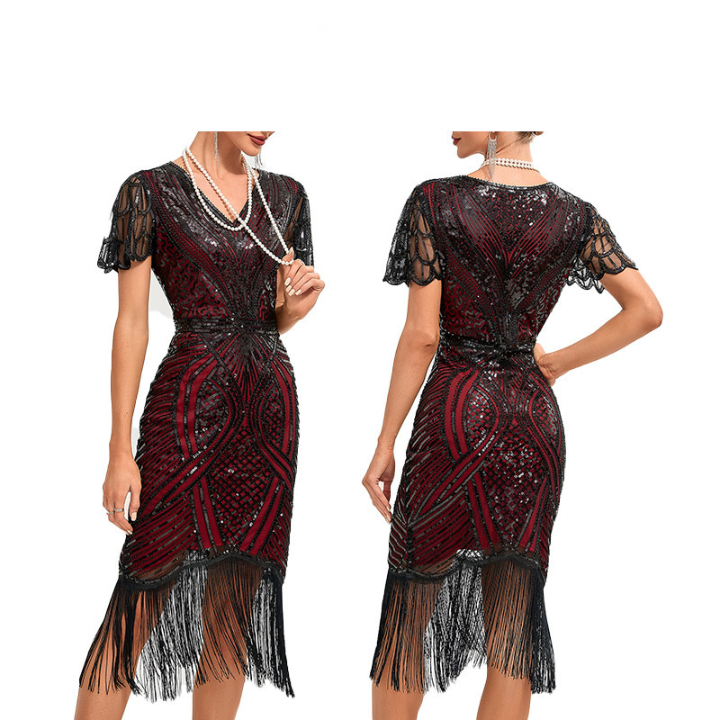1920S Prom Embroidered Tassel Dress Cocktail Party Plus Size Sequin Beaded Mesh Evening Dress