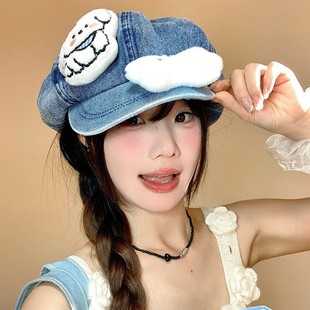 Cute Plush Puppy Cloud Beret for Women 2025 New Denim Octagonal Hat Sweet Face-Showing Little Painter Hat