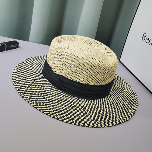 Summer large-brimmed breathable color-blocked straw hat for women Korean style Japanese versatile fashionable vacation hat sun protection sun hat trendy