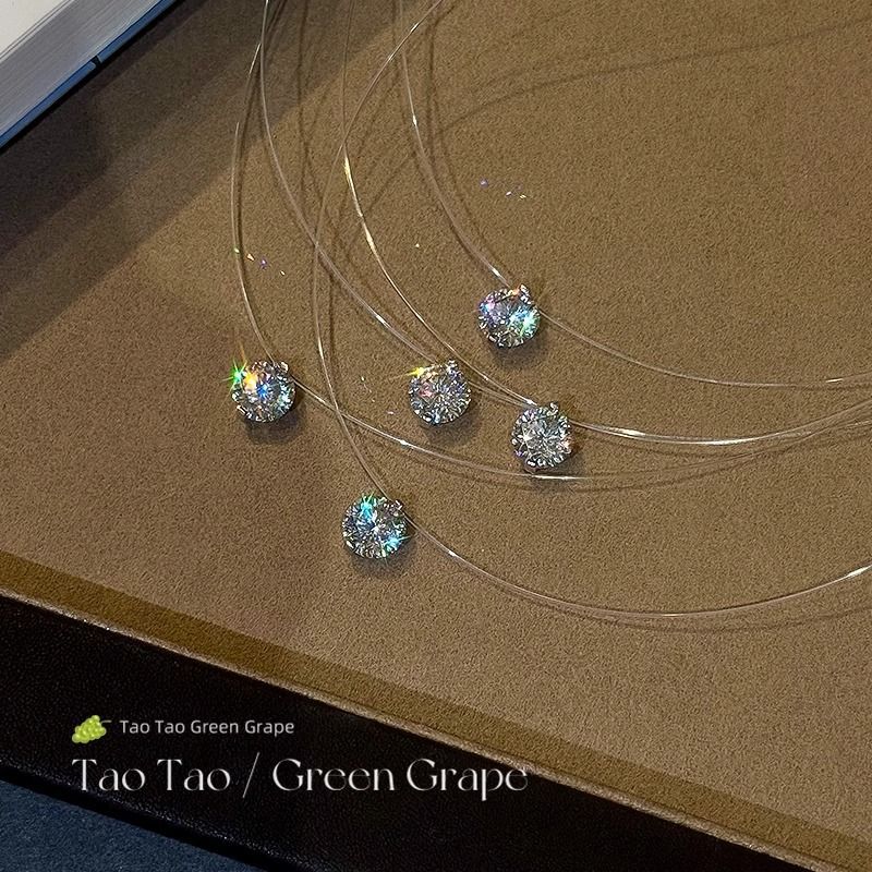 Mermaid Tears Super Flash Round Diamond Pendant Necklace Women's 2025 New High-End Fishing Line Clavicle Necklace