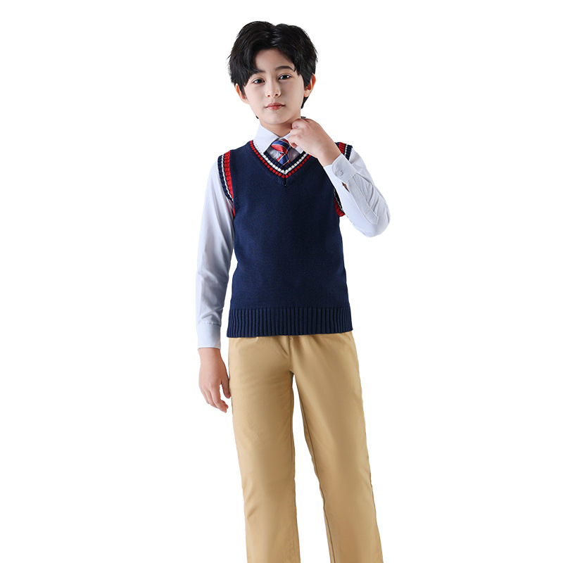 Uniformes escolares de escuela primaria, trajes de primavera y otoño, juegos deportivos para niños, uniformes de clase, trajes de jardín de infantes de cuatro piezas, suéteres y chalecos de punto