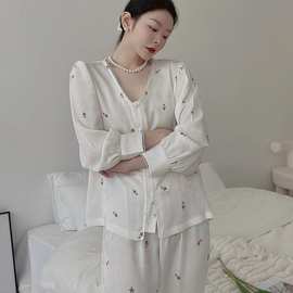 韩版秋季睡衣新款韩版时尚睡衣女冰丝绸长袖长裤两件套睡衣套