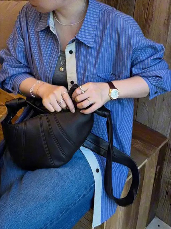 特大码宽松减龄女装蓝色条纹polo领长袖衬衫女秋季高级感气质上衣|undefined