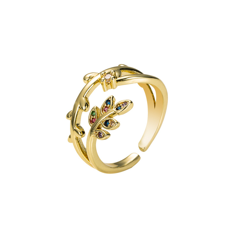 Korean flowers leaves copper micro-inlaid color zircon couple ring