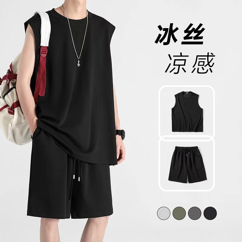 Traje deportivo para hombre, chaleco de carrera de secado rápido, pantalones cortos, entrenamiento de verano, camiseta sin mangas de seda de hielo, comercio exterior, venta al por mayor transfronteriza