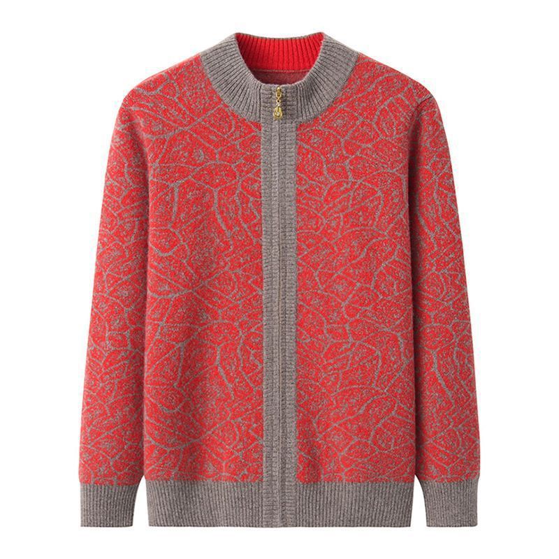 妈妈装秋冬中老年女装外套针织圆领宽松型毛衣开衫女外套羊绒衫女