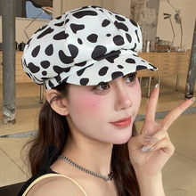 小众文艺复古奶牛纹帽子女百搭可爱八角帽日系英伦显脸小贝雷帽潮