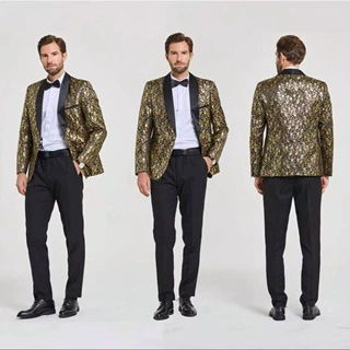 男士外贸亚马逊新款烫金礼服西装套装修身时尚宴会主持西服两件套