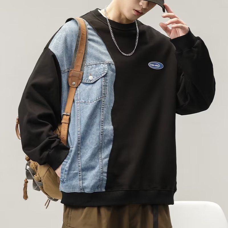 Fashion brand stitching sweater men's American Top Design high street Spring and Autumn long sleeve T-shirt new Denim top fashion