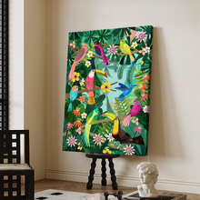美式绿植花卉手绘油画彩色玄关装饰画客厅多巴胺简约森林挂画鸟类