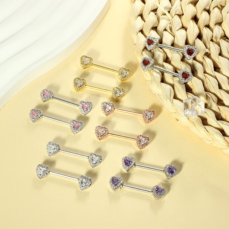 Cross-shaped Zircon Heart Breast Ring - 316L Surgical Steel Body Jewelry for Nipple, Ear, Tongue Piercing - Silver Red Gem Pair detail image 7