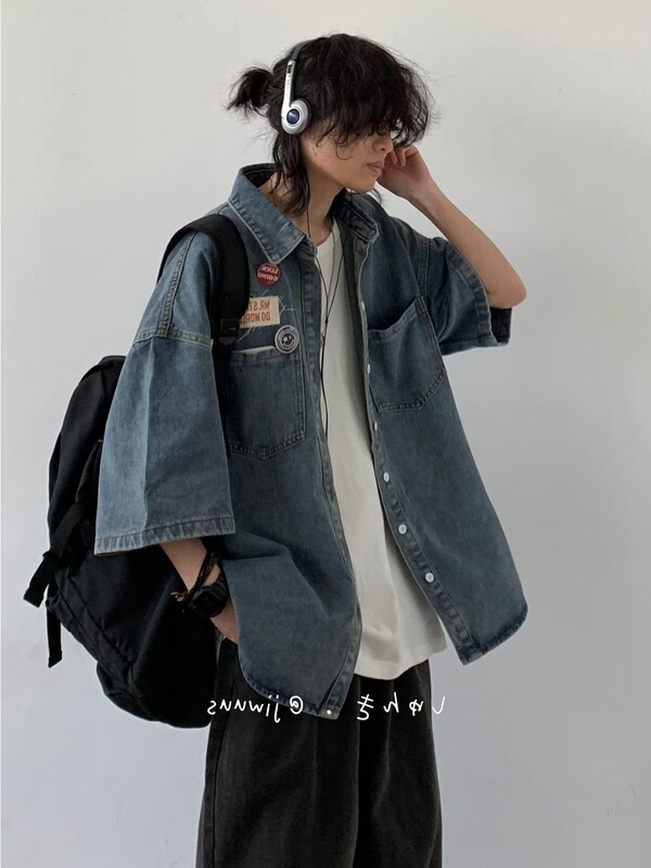 American Style Retro cityboy Washed Old Denim Short-sleeved Shirt Men's All-match Loose Japanese Style Trendy Shirt and Jacket